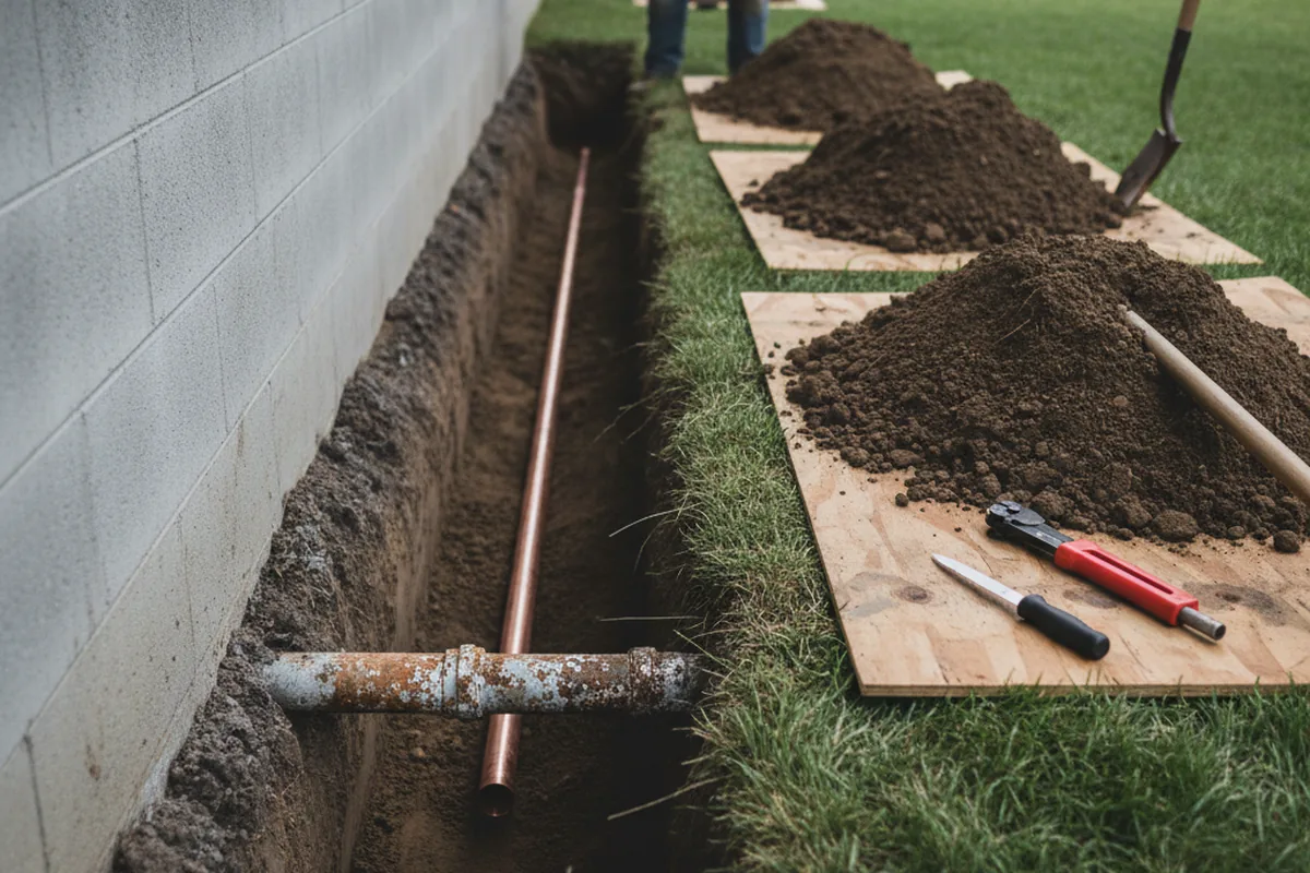Excavated water line trench during Water Softener Installation in Defiance